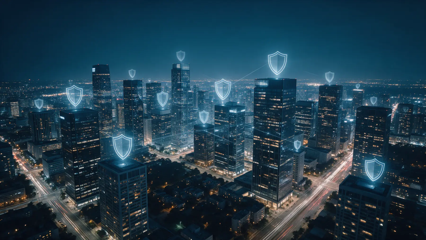 City skyline at night with shield icons representing VPN for business network protection