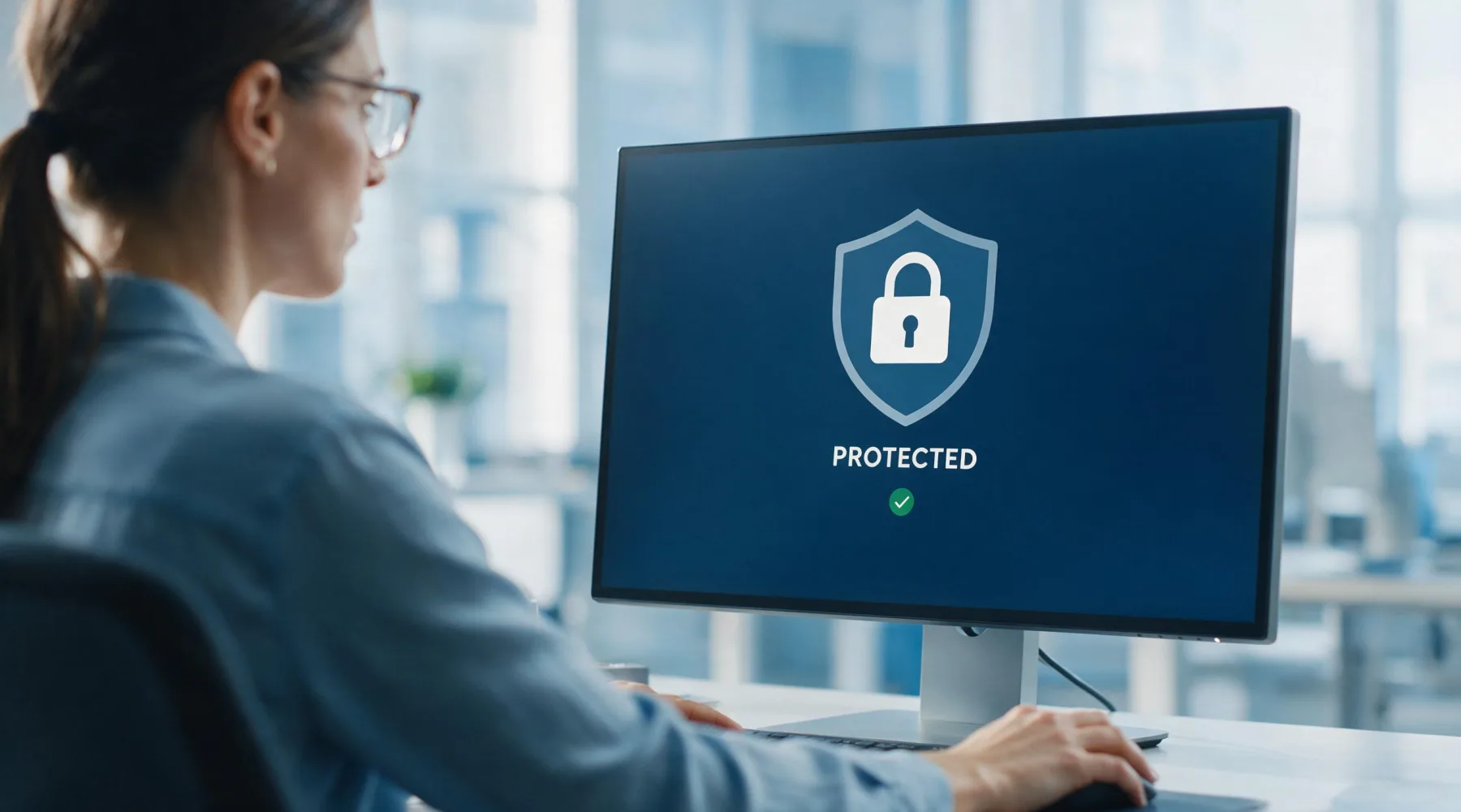 Woman working at a desktop computer displaying a 'Protected' security screen with a lock icon, representing VPN protection for online privacy and security