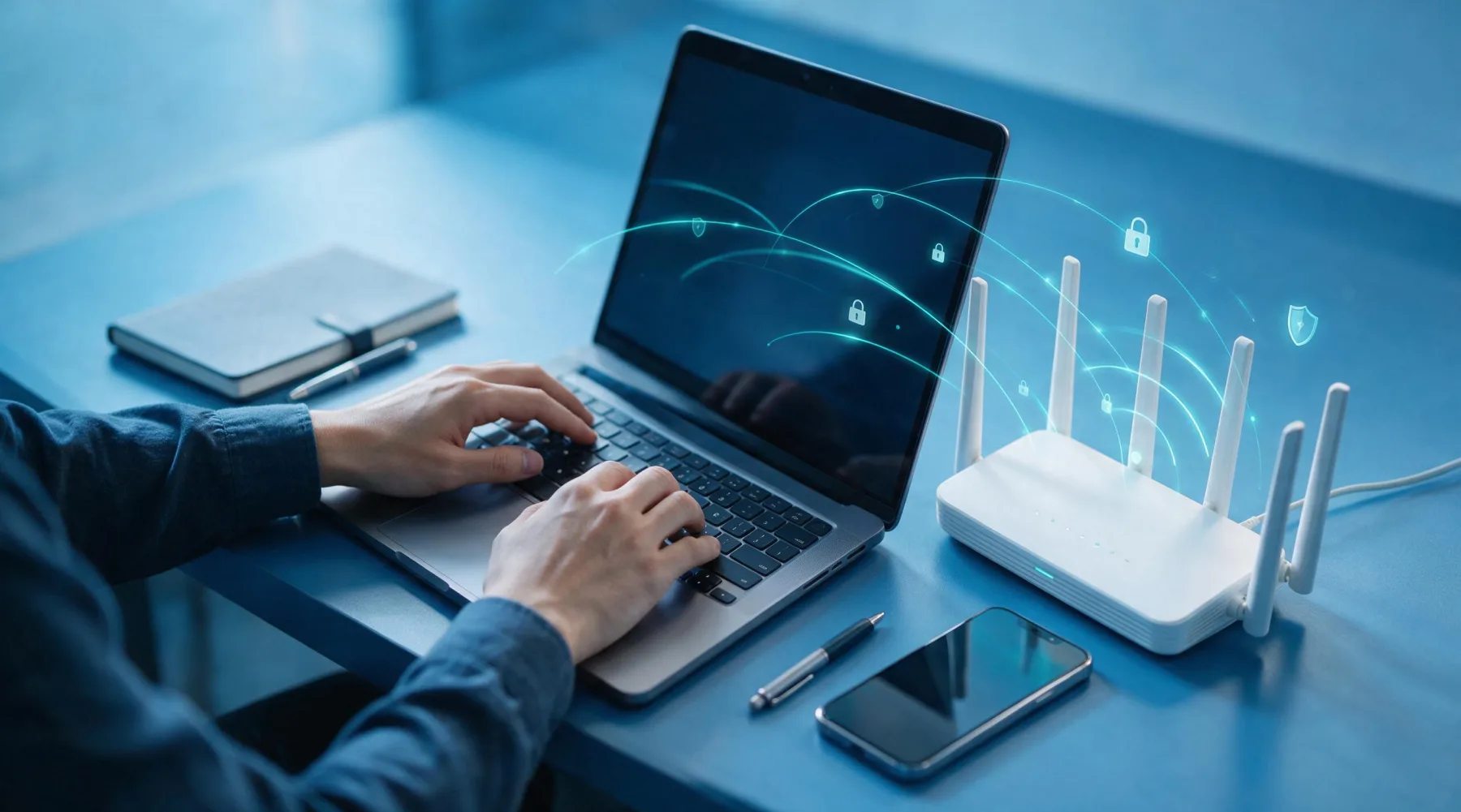 Hands typing on a laptop beside a Wi-Fi router, smartphone, and notebook on a blue desk, representing a business VPN router setup.