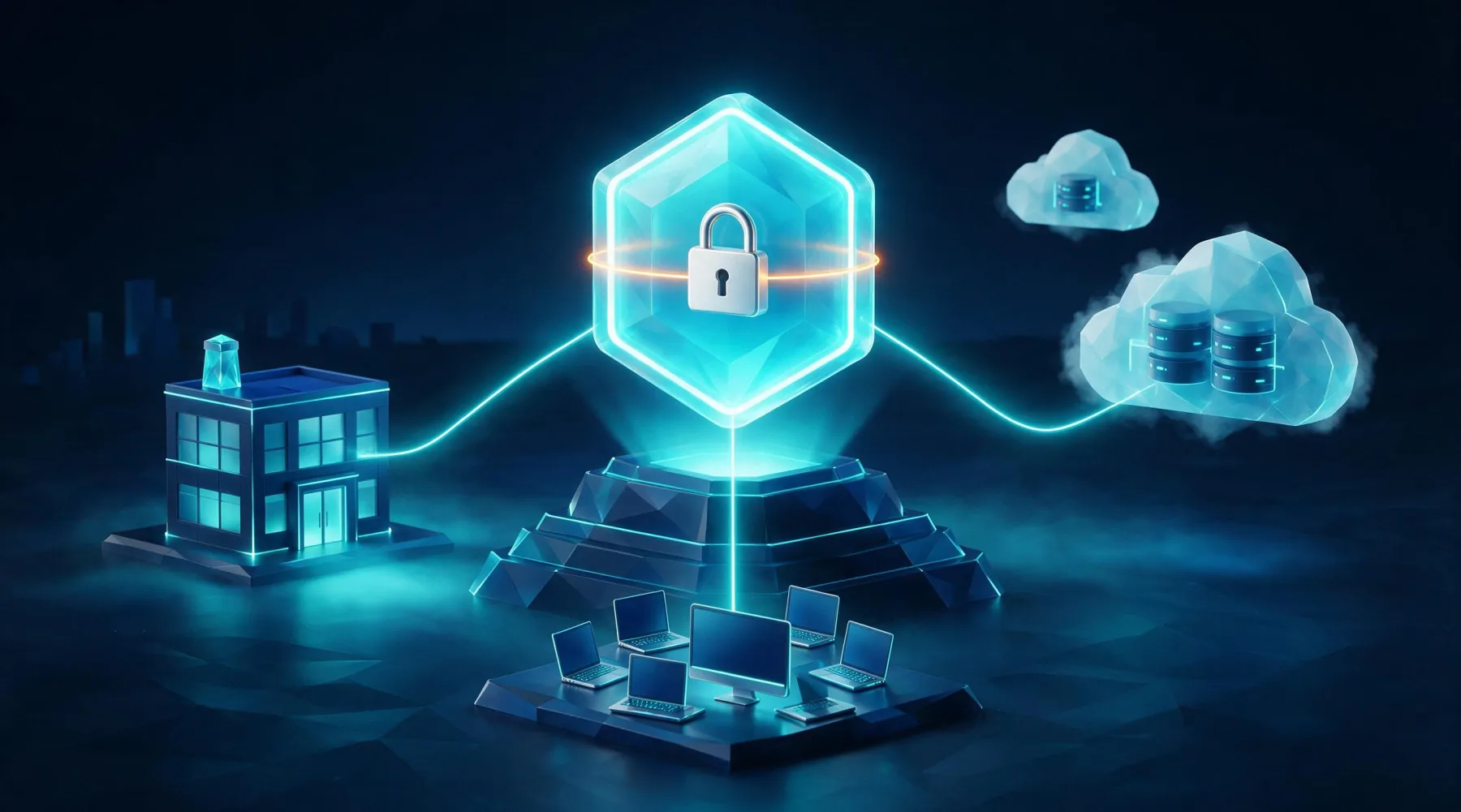 Dedicated VPN IP illustrated as a secure, fixed network connection linking business devices, cloud services, and an office network.