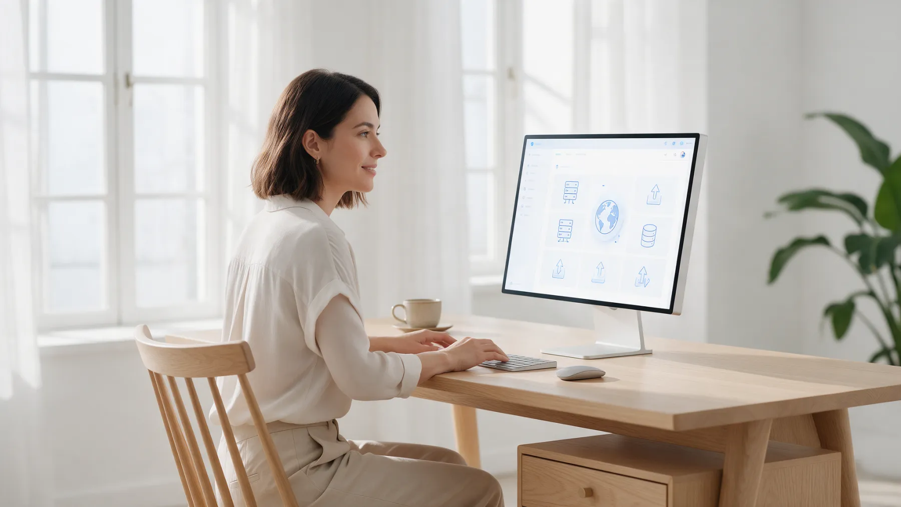 Woman working at a desktop computer displaying website hosting and server icons, representing dedicated IP address setup for network hosting
