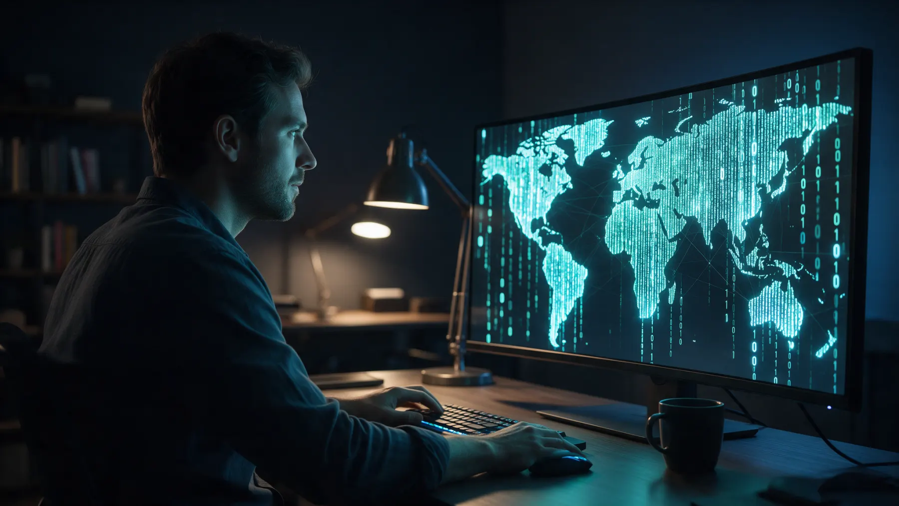 Man working at a desktop computer displaying a world map with binary code, representing global local IP address networking